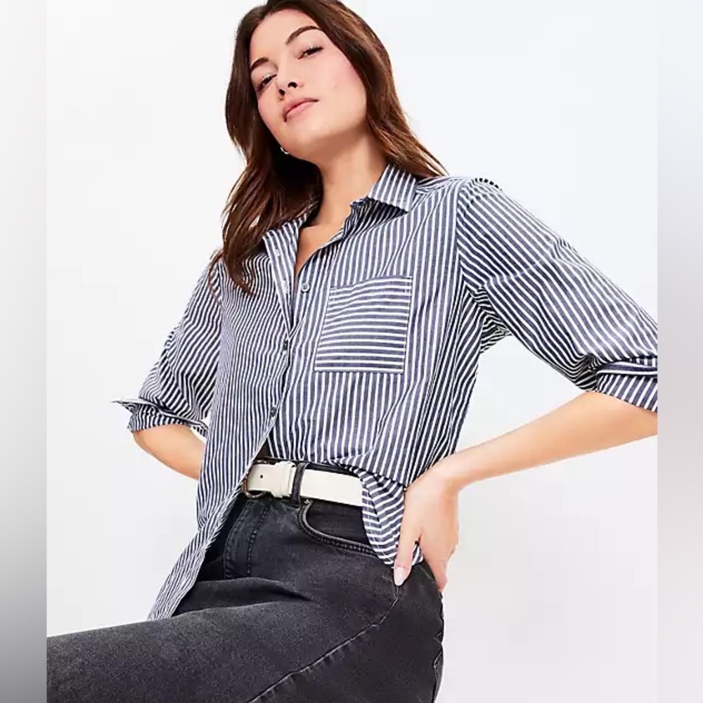 LOFT Striped Poplin Everyday Relaxed Pocket Shirt; Large; NEW with TAG;